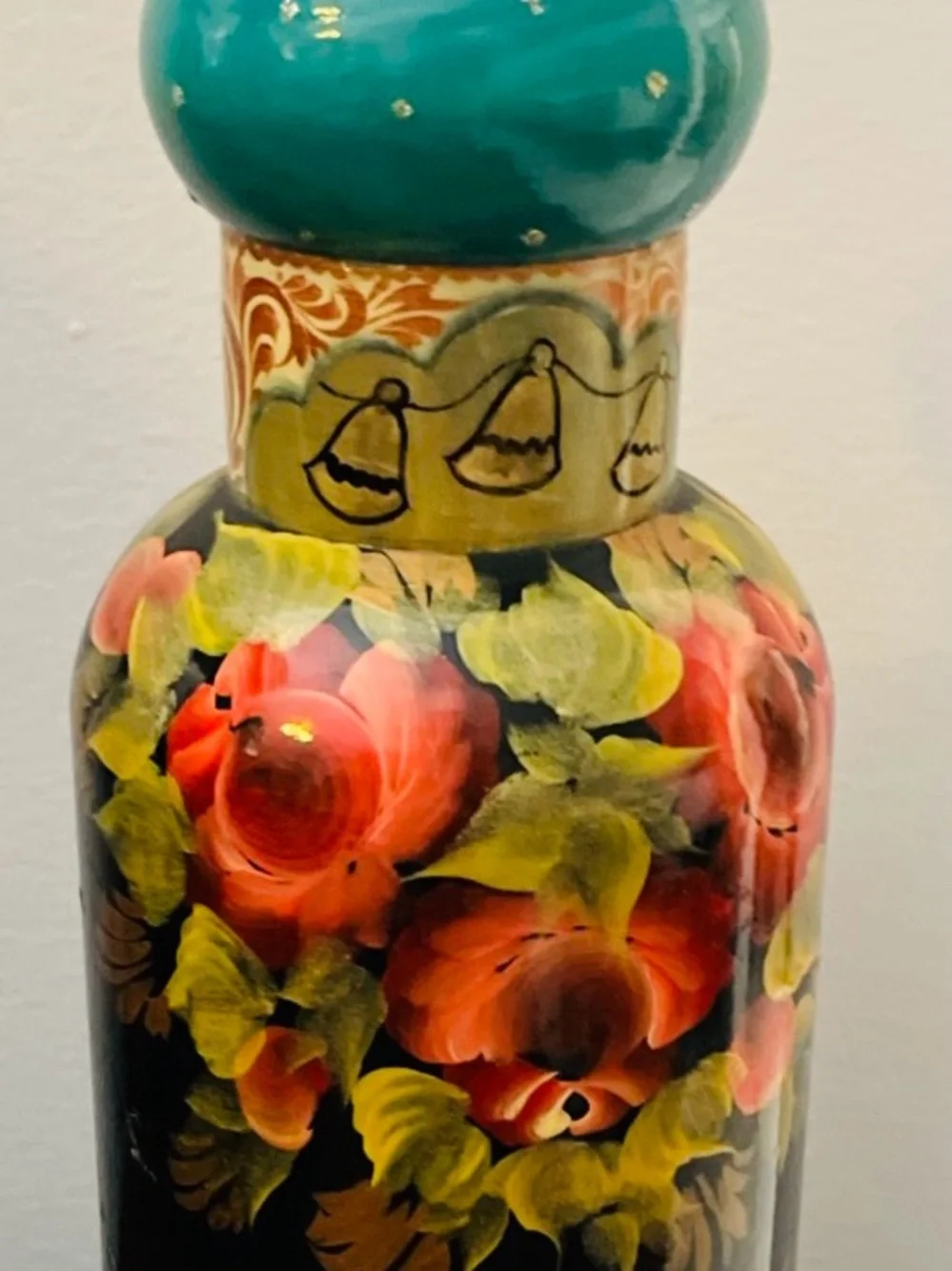 Vintage-Wine&Roses-Russian lacquered handmade wood vodka/wine bottle cover